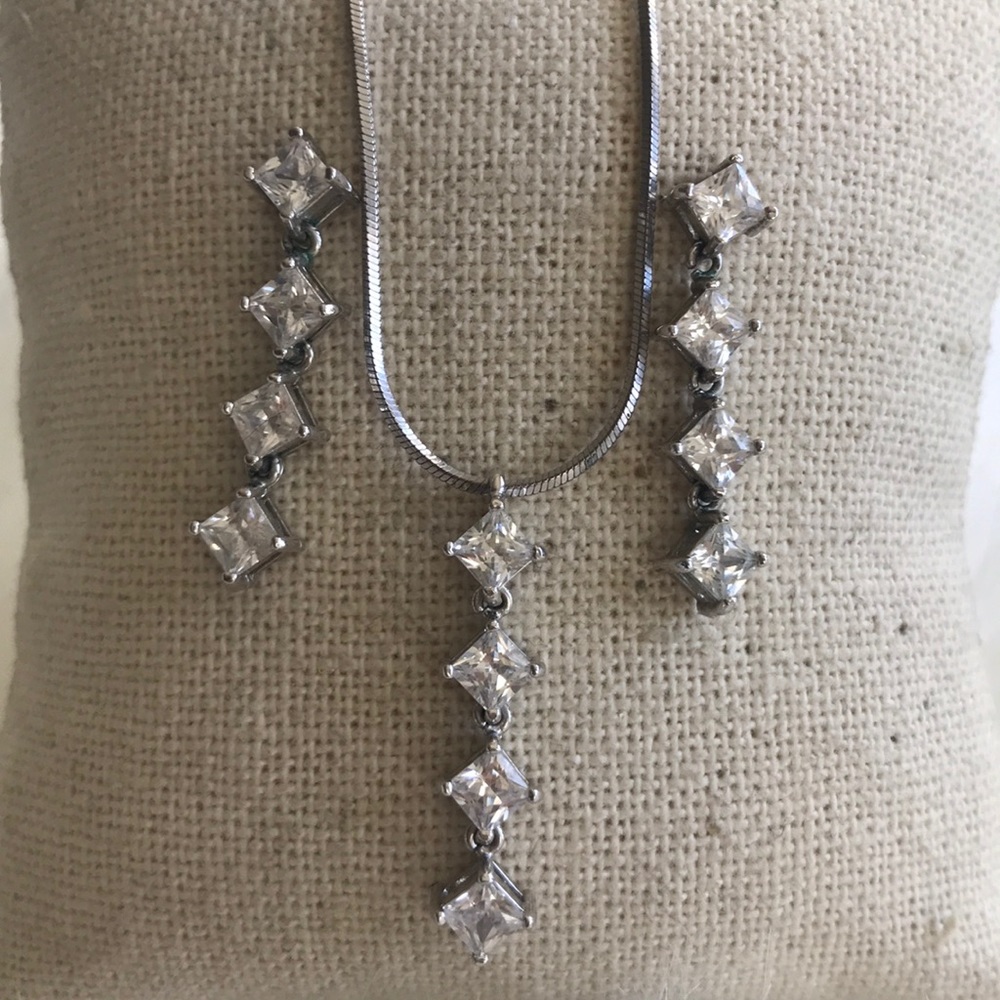 JTV Necklace Earring Set  Princess Cut Cubic Zirconia Silver Wedding Anniversary